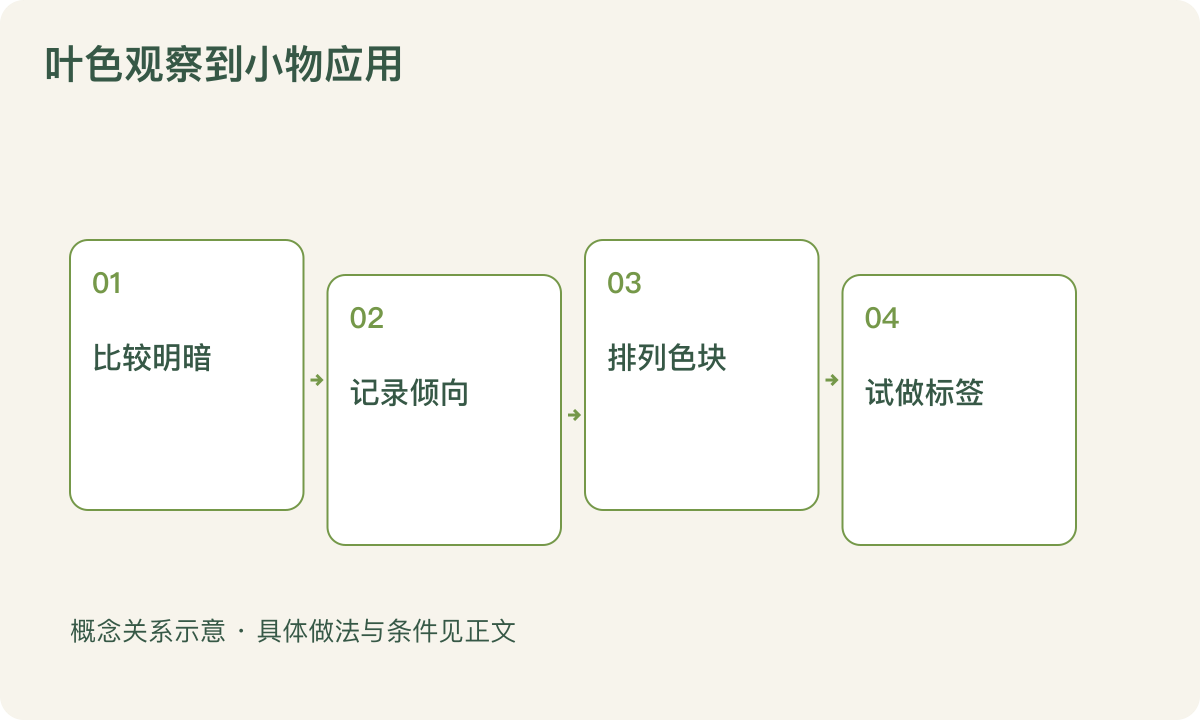 叶色观察到小物应用：比较明暗；记录倾向；排列色块；试做标签