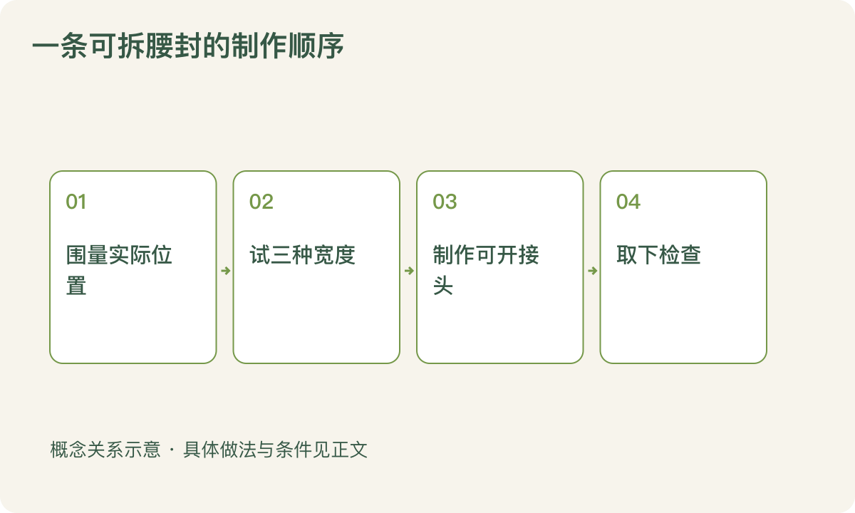 一条可拆腰封的制作顺序：围量实际位置；试三种宽度；制作可开接头；取下检查