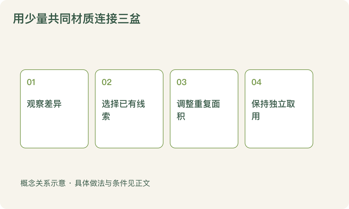 用少量共同材质连接三盆:观察差异;选择已有线索;调整重复面积;保持独立取用